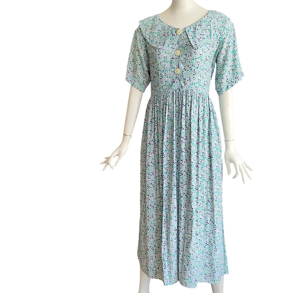 Vtg 90s CAROL ANDERSON Tiny Ditsy Floral Midi Rayon Dress Cottagecore Grunge M